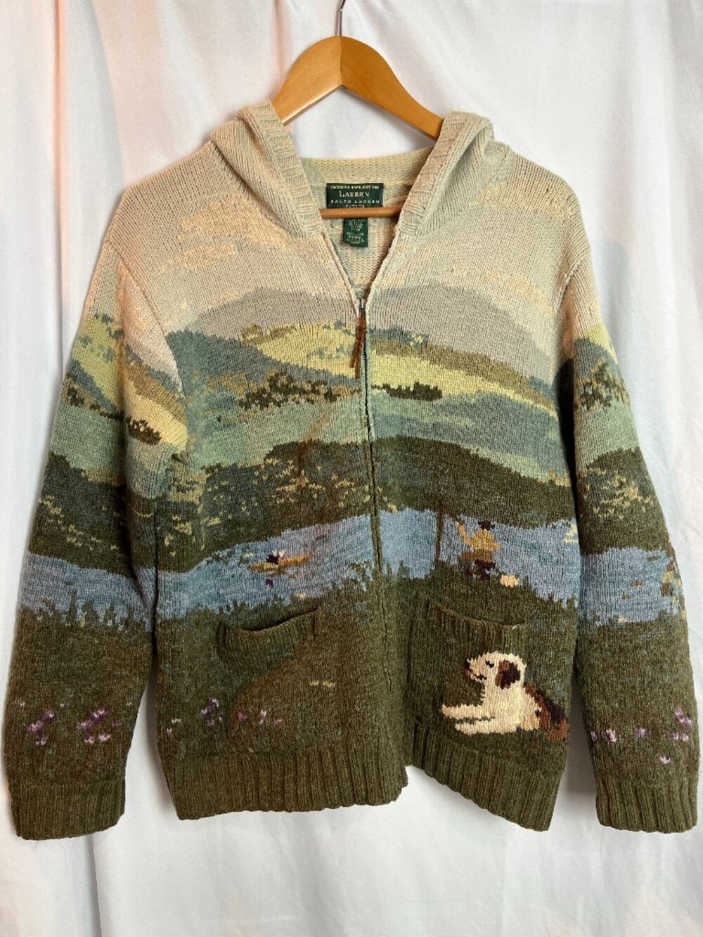 Women's LRL Hooded, full zip, wool, Outdoor scene, Sweater Size PM